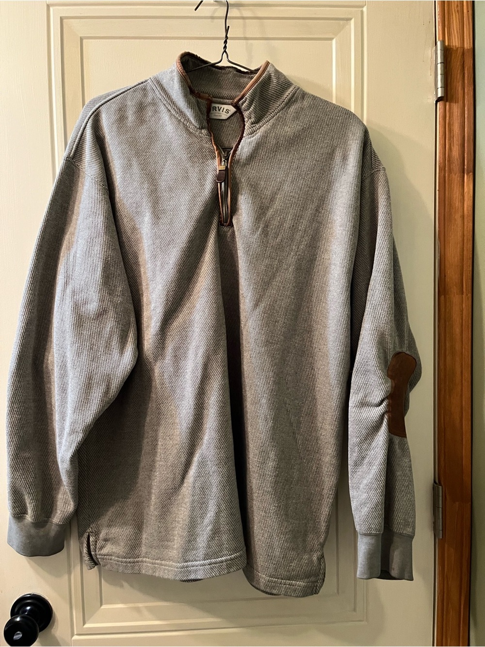 Orvis Gray Quarter-Zip Sweater with Tan Elbow Patches